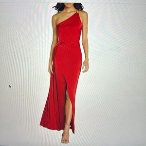 Red gown - “Aidan by Aidan Mattox: One Shoulder Draped Column Gown.”